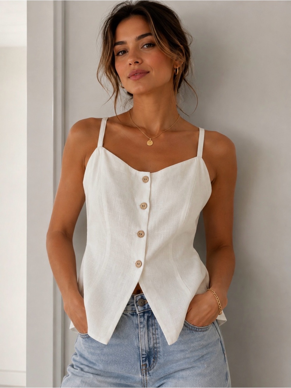 Tahari ASL White Button-Front Sweetheart Cami